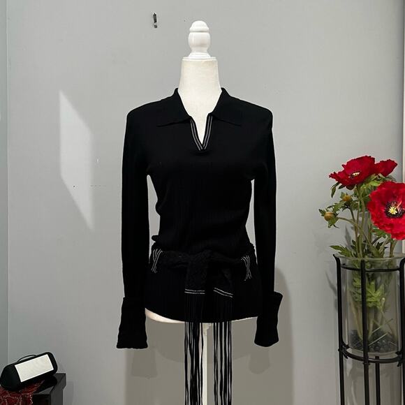 NEW Willi Smith Ribbed Boho Fringe Belted Contrast Longline Collar Sweater Top S - Picture 10 of 13